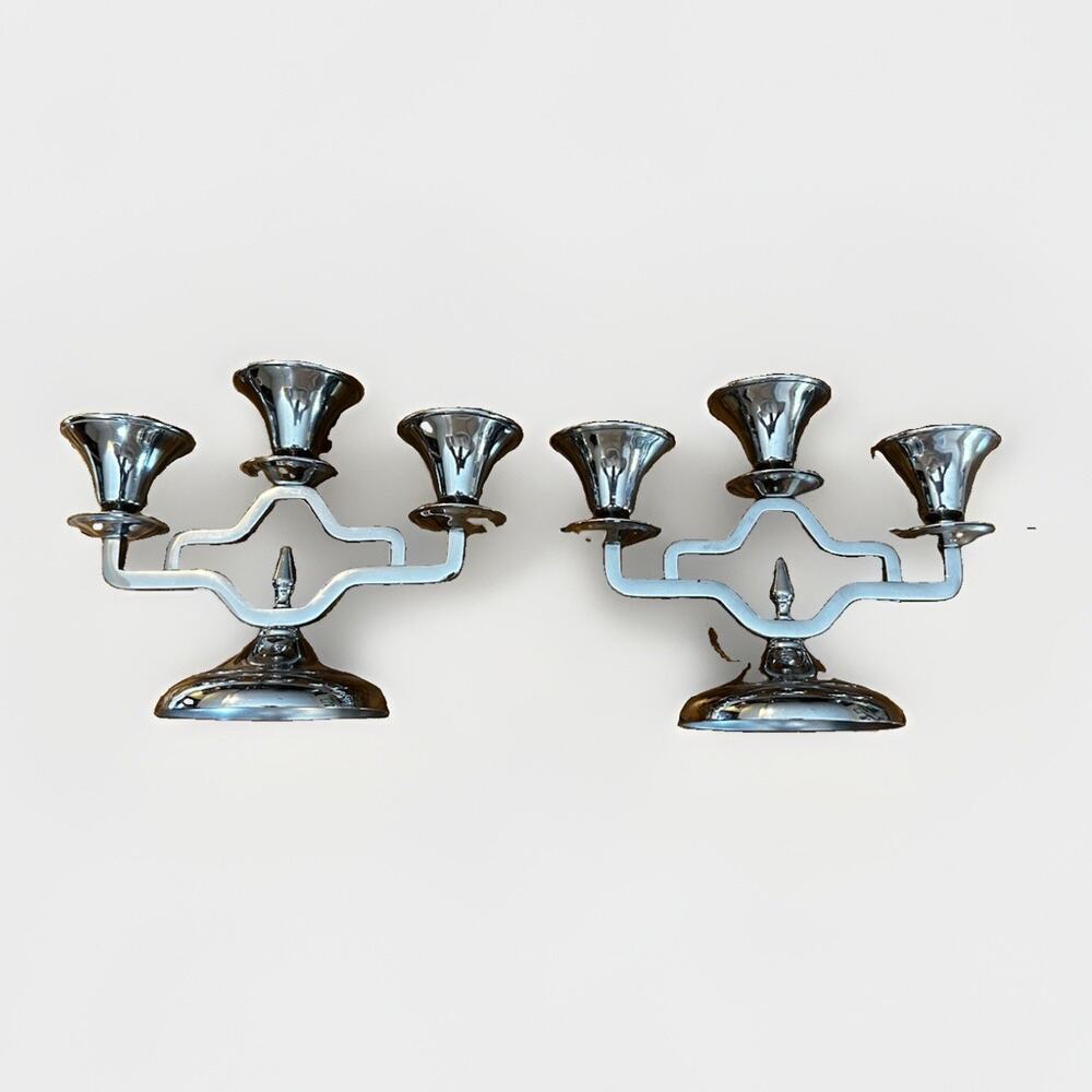 Vintage Farberware New York Chrome 3-Arm Candelabra Pair Of 2 Art Deco MCM 7.5"